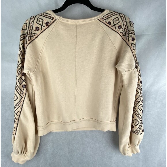 Free People Senorita Sweatshirt Medium Embroidered Puff Sleeve V-Neck Crop *READ - Picture 3 of 9